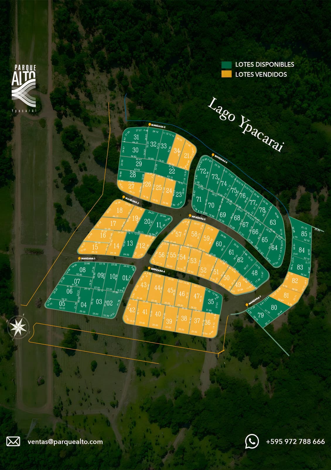 Plano general de Parquealto — disponibilidad de lotes en Ypacaraí, Paraguay. Verde: disponible. Amarillo: vendido.